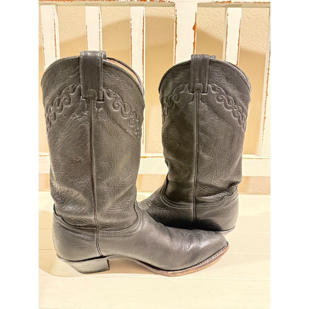 Womens Black Leather Western Cowboy Boots Pointed‎ Toe Mid Calf Stitched Details - Picture 6 of 9